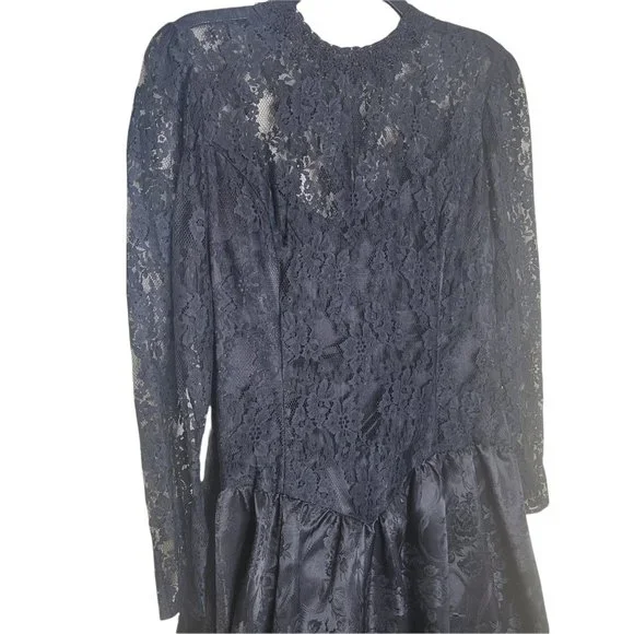 Scott McClintock Vintage Black Lace Floral Design Long Sleeve Dress with Bow 14 - Picture 2 of 9